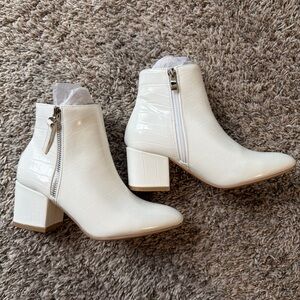 White Croc-Embossed Block Heel Ankle Boots with Side Zip